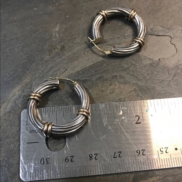 ❤️ Two Tone Twisted Cable Hoop Earrings Sterling Silver 925 and 14K Yellow Gold - Picture 7 of 8